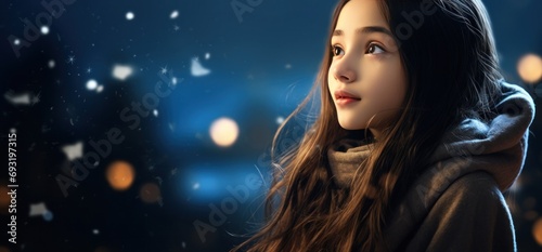 girl looking at snowflake lights
