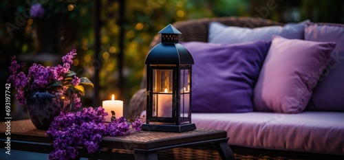 lantern with a candle on a sofa in a garden