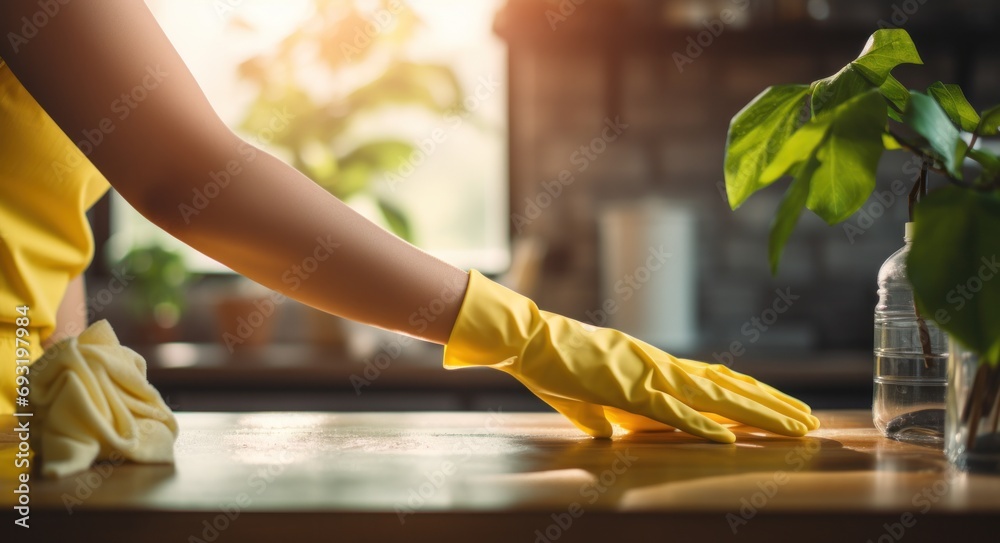 person is holding yellow gloves while cleaning the kitchen countertop - obrazy, fototapety, plakaty 