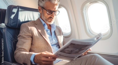 person wearing glasses sits in the plane reading a newspaper photo