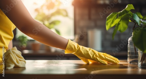 person is holding yellow gloves while cleaning the kitchen countertop photo