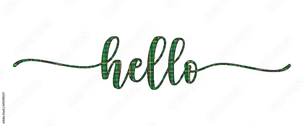 Hello, elegant cursive writing, with green eroded color, fabric style, Christmas colors, graphics for greeting cards, messages - obrazy, fototapety, plakaty 