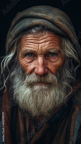 Weiser Alter Mann mit eindringlichen blauen Augen und grauem Bart – Porträt