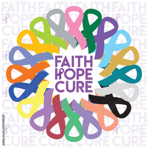 World Cancer Day 4 February. Faith, hope, cure. Cancer colorful ribbons in circle illustration. Breast, prostate, skin, cervical, lung cancer awareness poster. Hand drawn vector illustration