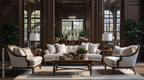 A well-appointed classic interior showcasing plush sofas  traditional chairs  and a meticulously crafted center table  radiating timeless sophistication.