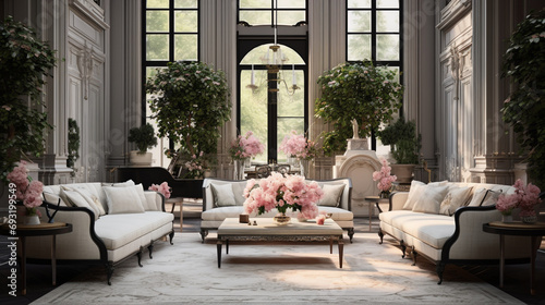 Captivating scene of a classic interior with plush sofas, tasteful chairs, and a centerpiece table, capturing the essence of timeless beauty.