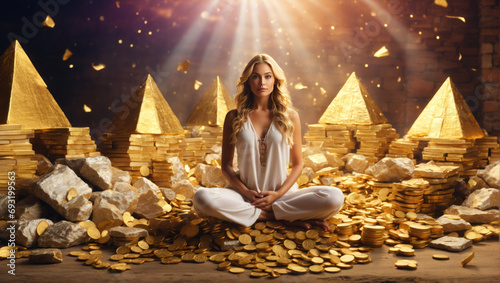 A blonde beauty sits on a mountain of gold coins photo