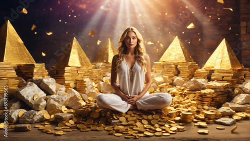 A blonde beauty sits on a mountain of gold coins