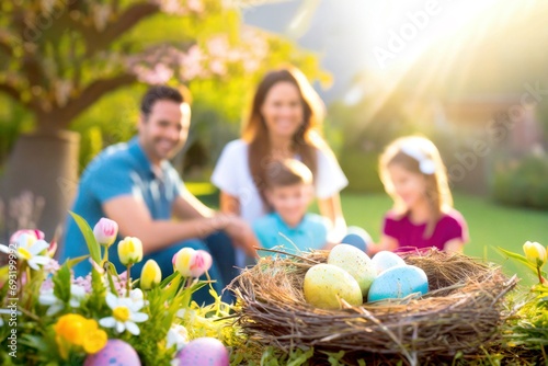 Ostereier im Körbchen, im Hintergrund Familie mit Kindern bei der Ostereiersuche im Garten  photo