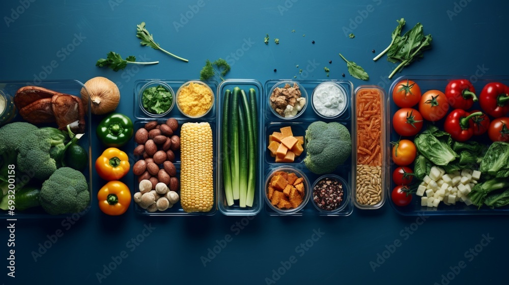 A neatly arranged organic meal kit, featuring a variety of fresh vegetables and lean proteins, presented in eco-friendly blue packaging, with ample copy space on the side.