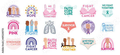 Set of cancer awareness stickers. Breast, cervical, uterine, ovarian, prostate, lung and skin, bladder cancer illustration. Faith, hope, cure phrase. Survival, fight concept