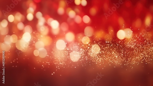 Glowing golden bokeh particles on a red background, creating a festive atmosphere. Abstract background with a combination of red and gold particles