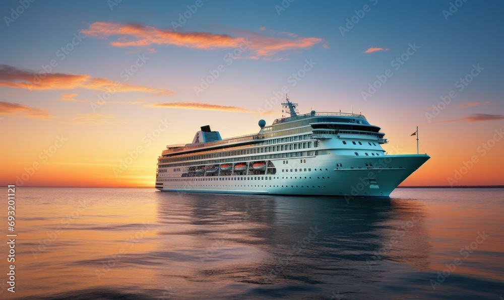 the cruise ship on the ocean at sunset with sunset colored sky