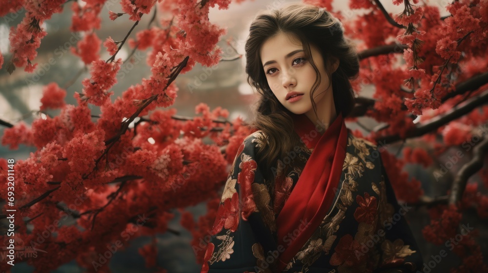 the girl in a kimono and kimonos is walking among cherries the girl in a kimono and kimonos is walking among cherries