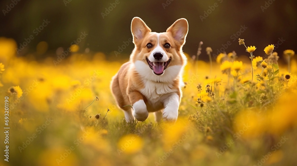 Welsh Corgi Pembroke running in the field of yellow flowers