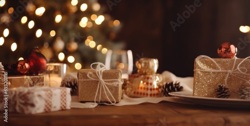 the christmas table with gifts against decoration background