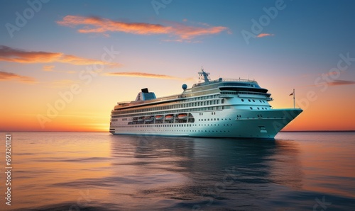 the cruise ship on the ocean at sunset with sunset colored sky