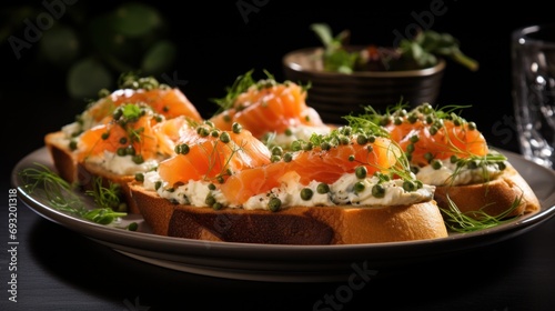 toasted brioche appetizers with salmon and cream cheese garnish
