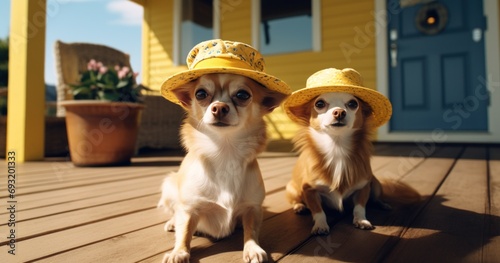 two chihuahua animals are wearing hats on the front porch