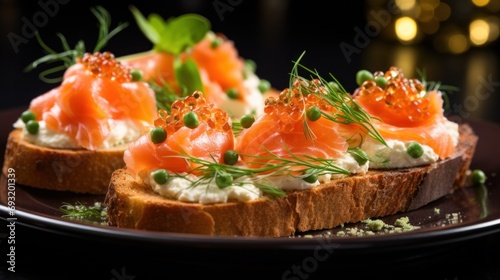 toasted brioche appetizers with salmon and cream cheese garnish