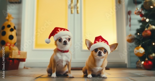 two chihuahua dogs in santa hats sitting on front door © ArtCookStudio