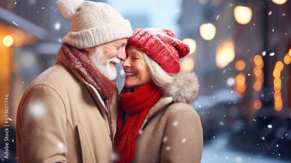 A romantic elderly couple in warm clothing with a blurred snowy city street background. Concept photos of holidays, Senior couple, Christmas, winter, and people