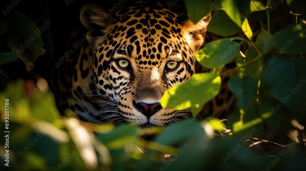 A beautiful and elusive jaguar peers out from behind a tree A beautiful and elusive jaguar peers out from behind a tree