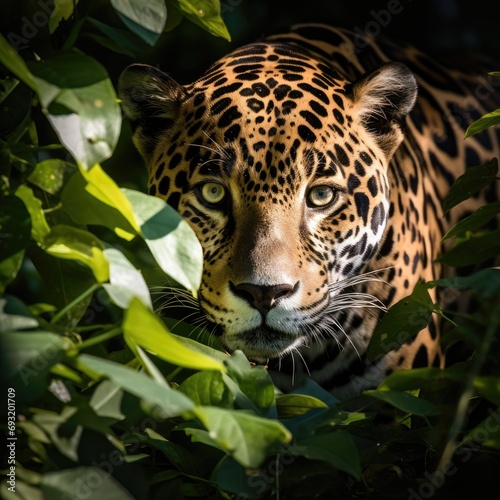 A beautiful and elusive jaguar peers out from behind a tree