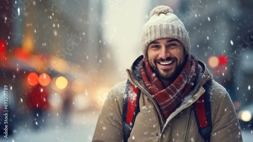 A smiling young man in attractive winter clothing against a blurred snowy city street background. Concept photo capturing holidays, Christmas, winter, and people © Matthew