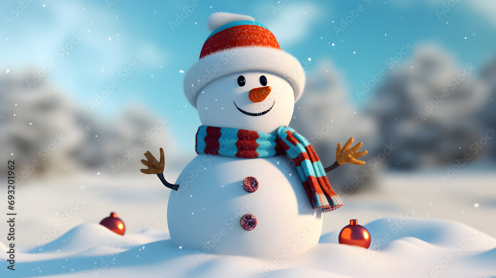 Cartoon 3D character of snowman on white background