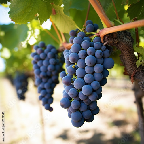Close-up of a blue grape hanging in a vineyard, wide shot. generative ai