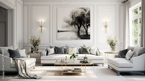 Elegance personified in a white living room with a focal point on a luxurious grey sofa adorned with coordinating pillows.