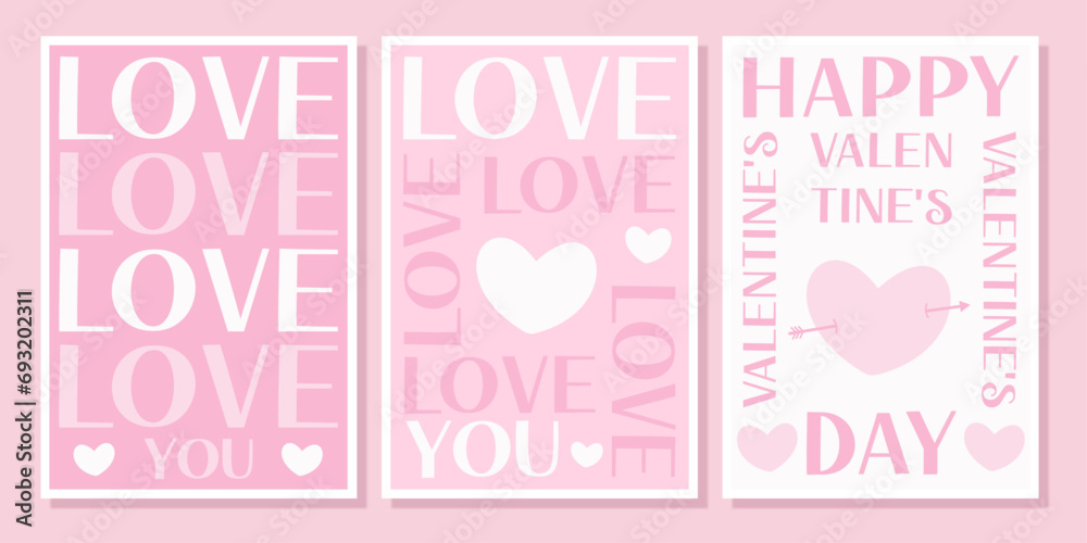 Collection of Valentine’s day poster templates. Simple and modern style with lettering, hearts and elements. For backgrounds, cards, invitations. Vector illustration.