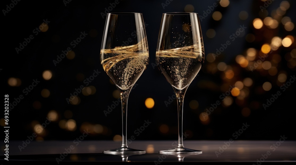  a couple of wine glasses sitting on top of a table next to each other on a black surface with lights in the backround of the room behind them.