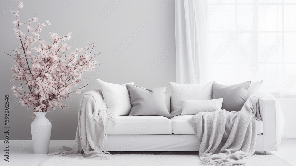 Soft textures on a grey sofa complementing the serene ambiance of a white living room. Soft textures on a grey sofa complementing the serene ambiance of a white living room.