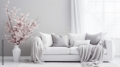 Soft textures on a grey sofa complementing the serene ambiance of a white living room. © Zeeshan Qazi