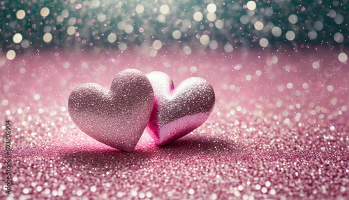 two hearts on pink glitter in shiny background valentine s day concept