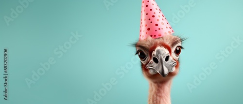 Funny funny ostrich with party hat on head on blue background. Happy Birthday, carnival, New Year's eve, sylvester or other festive celebration.