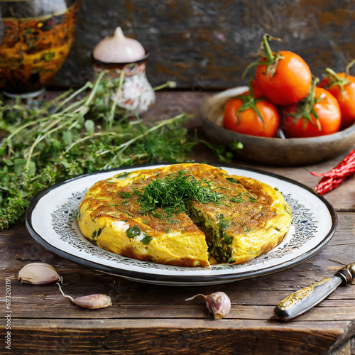 A plate of Persian kuku sabizi  a baked herb omelet  in a rustic setting.