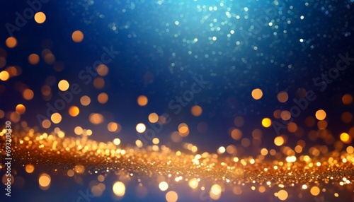 golden sparkles on dark blue banner empty background bokeh blurred texture glitter defocused template night party abstract pattern festive