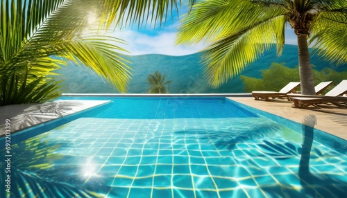 summer tropical background swimming pool with tropical leaf shadow generative ai