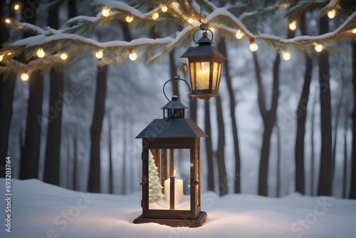 A winter scene unfolds with a Christmas lantern nestled in snow, set against the backdrop of a serene winter forest. The ambiance is further accentuated by festive lights, creating a picturesque winte © Funky