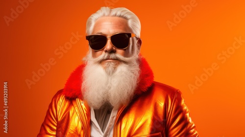 A trendy and stylish Santa Claus sporting sunglasses against an orange background, perfect for Christmas and New Year-themed advertising, promotions, banners, and brochures © Matthew