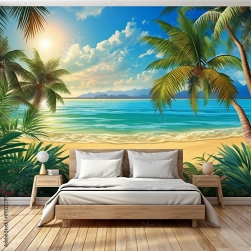 A breathtaking view of a sunny tropical beach with vibrant green palm leaves framing the view of a distant paradise island