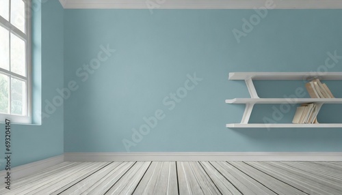 empty interior light blue room white white shelf and wooden floo photo