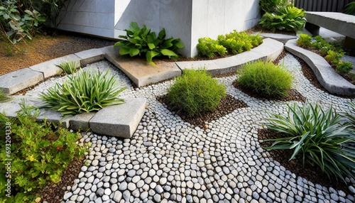 textured and contrasting elements like pebbles flagstone and pavers along with minimalist plantings create a small contemporary asian urban garden