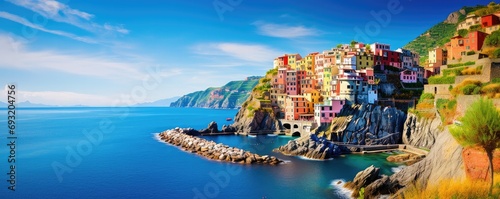 Panoramatic view of colorfull town, coast in  Cinque Terre, Liguria, Italy. Sunny day. Generative ai photo
