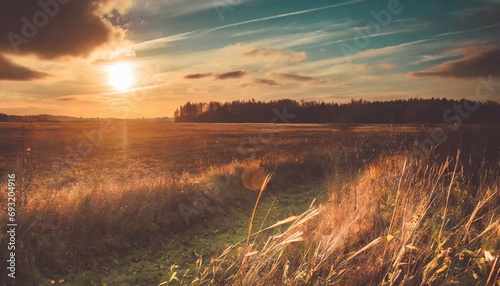 scenic shot of sunset over an autumn field with dry grass in lithuania cool for background photo