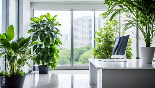 bright and clean office environment abstract background bright office with green plants and large windows