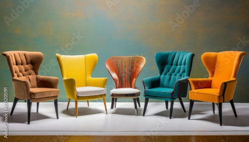 collection of midcentury modern arm chairs in various colors on a background
